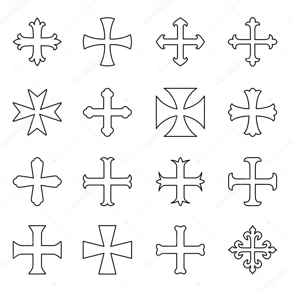 Christian crosses icons set outline. Different forms. Isolated on a white background. Vector illustration