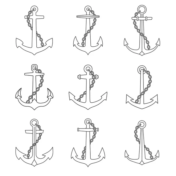 Anchor Chain Outline Icons Set Marine Nautical Emblems Collection — Stock Vector