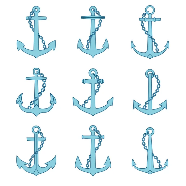 Kotevní Sadou Ikon Osnovy Řetězce Mořské Námořní Emblémy Kolekce — Stockový vektor