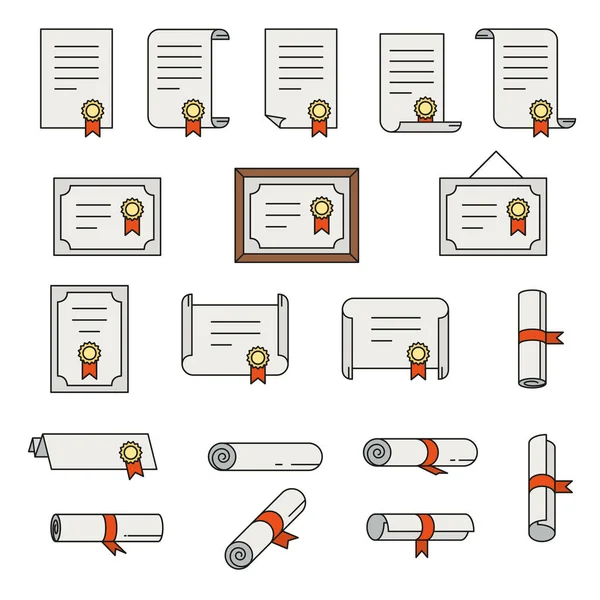 Ensemble Icônes Ligne Mince Certificat Collections Simples Parchemins Papiers Diplômes — Image vectorielle