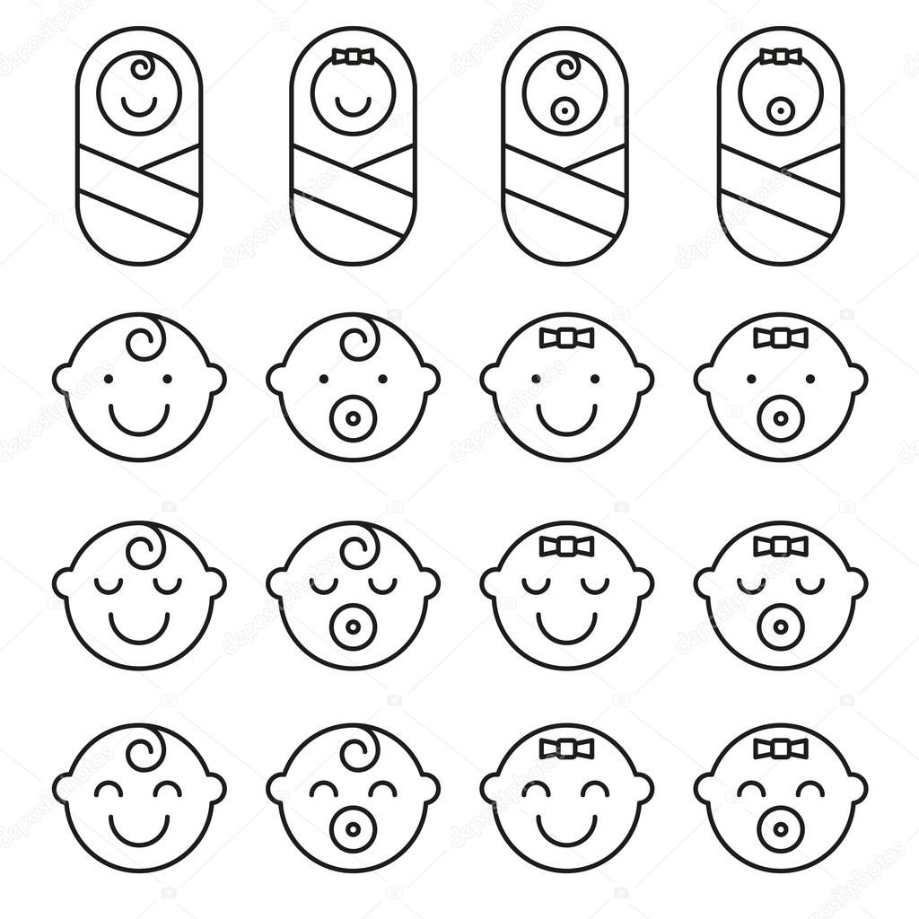 Set baby face simple icons. Varied expressions symbols