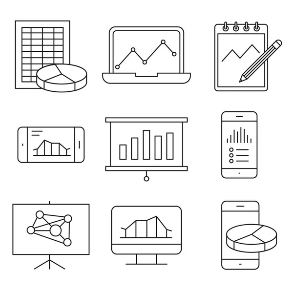 Analyse, statistieken lijn pictogrammen. Tekenen van de grafiek, verslag en Service — Stockvector