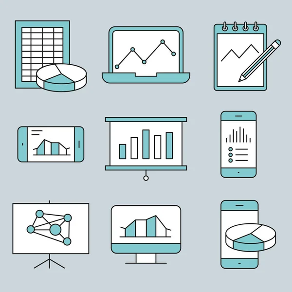 Analyse, statistische Zeilensymbole. Diagramm, Bericht und Service-Schilder — Stockvektor