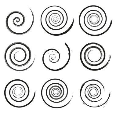 Spiral ve girdap hareket öğeleri, siyah izole nesneleri kümesi. Farklı fırça dokular, vektör çizimler