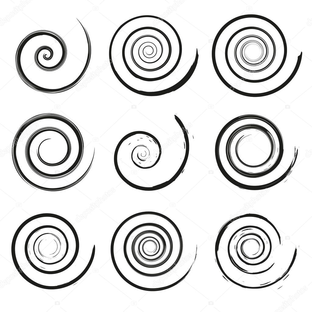 Set of spiral and swirl motion elements, black isolated objects. Different brush textures, vector illustrations