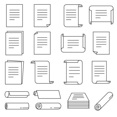 Kağıt simgesi ince çizgi stili ayarla. Vektör çizim.