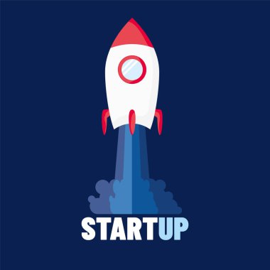 Başlangıç - düz tasarım. Roket fırlatma ve duman. Başlangıç proje kavramı. Vektör çizim