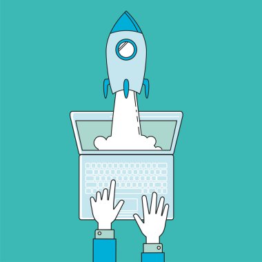 Başlangıç - içini kaplamak çizmek. Roket fırlatma ve duman içinde laptop