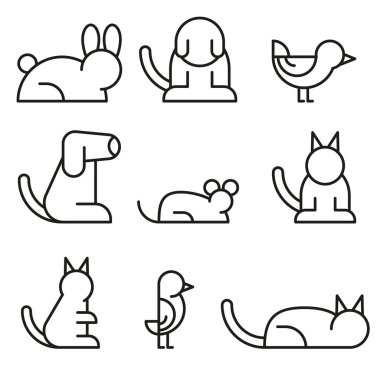 Evde beslenen hayvan ilgili vektör hat simgeler basit Set. Köpek, Hamster, kedi, kuş ve tavşan gibi simgeler içerir