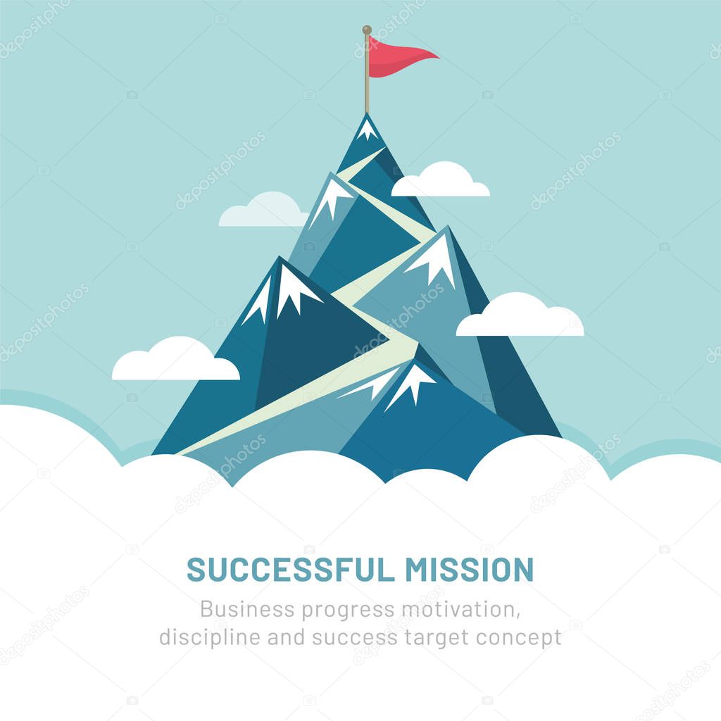 Flag on the mountain peak. Way to successful Business. Vector illustration