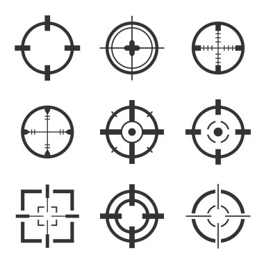 Crosshair simgeler kümesi izole vektör. Video oyunları, web ve app için hedef işaretini
