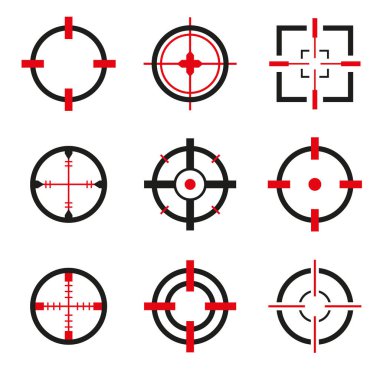 Crosshair simgeler kümesi izole vektör. Video oyunları, web ve app için hedef işaretini
