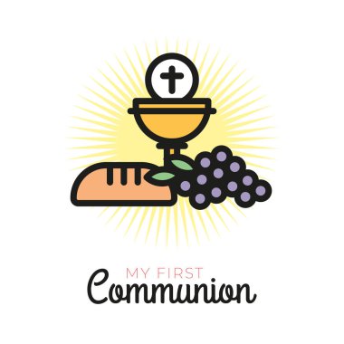Bir güzel davetiye tasarımı için ilk Komünyon sembolleri. Kilise ve Christian Community düz anahat simgeleri