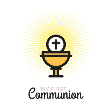 Bir güzel davetiye tasarımı için ilk Komünyon sembolleri. Kilise ve Christian Community düz anahat simgeleri