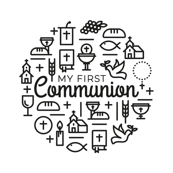 Erstkommunionssymbole Für Ein Schönes Einladungsdesign Kirche Und Christliche Gemeinde Flache — Stockvektor