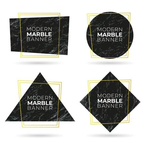 Stel Moderne Banners Met Marmeren Textuur Gouden Lijnen Vectorillustratie — Stockvector