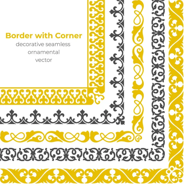 Conjunto Borde Ornamental Sin Costuras Decorativas Con Esquina Vector — Vector de stock