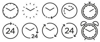 Zaman ve masa saati hat izole simgeler. Vektör Lineer Icon set