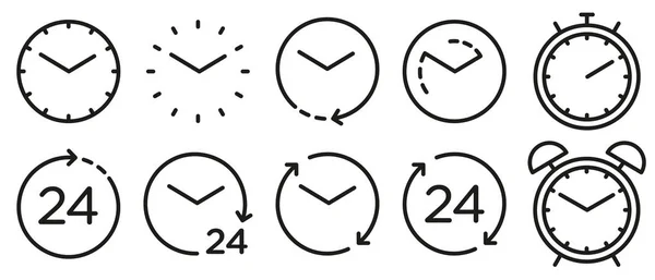 Изолированные иконки времени и часов. Набор векторных линейных значков — стоковый вектор