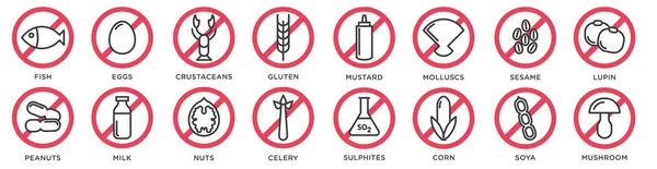 Εικόνες αλλεργία τροφίμων. Βασικά αλλεργιογόνα και διατροφή γραμμή εικονίδια διάνυσμα — Διανυσματικό Αρχείο