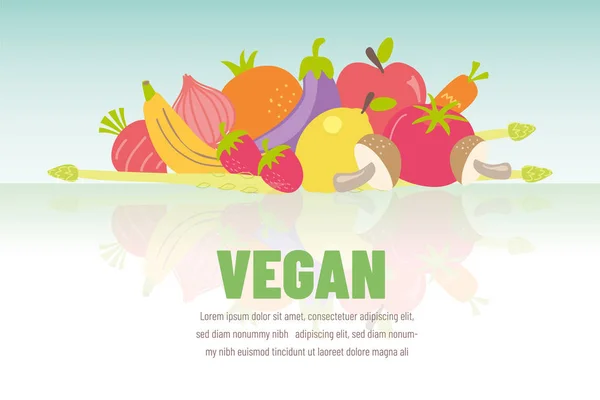 Färgglada vegan banner med platt vegetabiliska ikoner. Vektorillustration — Stock vektor