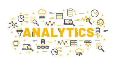 Analytics veritabanı, simgeleriyle çevrili kelime bulut bilgi işlem, sunucu, ağ kutsal kişilerin resmi. Vektör arka plan illüstrasyon.