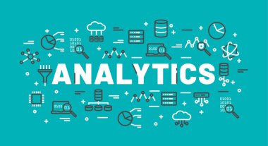 Analytics veritabanı, simgeleriyle çevrili kelime bulut bilgi işlem, sunucu, ağ kutsal kişilerin resmi. Vektör arka plan illüstrasyon.