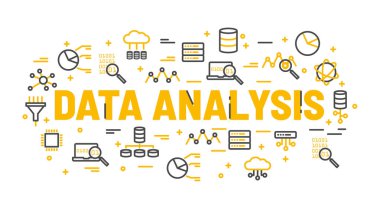 Veri Çözümleme veritabanı, simgeleriyle çevrili kelimeler bulut bilgi işlem, sunucu, ağ kutsal kişilerin resmi. Vektör arka plan illüstrasyon.