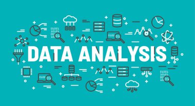 Veri Çözümleme veritabanı, simgeleriyle çevrili kelimeler bulut bilgi işlem, sunucu, ağ kutsal kişilerin resmi. Vektör arka plan illüstrasyon.