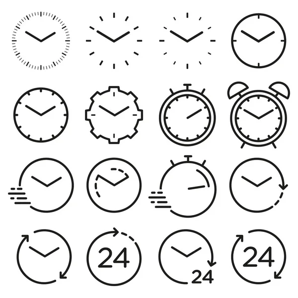 Zeit und Uhrzeigerlinie isolierte Symbole. Lineares Vektorsymbolset — Stockvektor