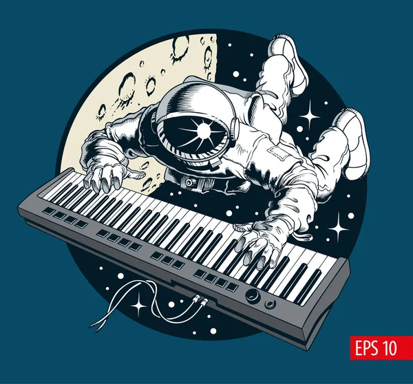 Astronaut spielt Klaviersynthesizer im All, Weltraumtourist — Stockvektor