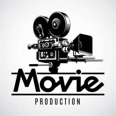 Eski film film kamerası, logo tasarım şablonu, siyah ve beyaz vektör çizim moda.