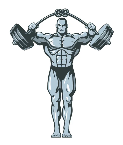 Muscle bodybuilder man lifting heavy barbell with knot. — Stock Vector