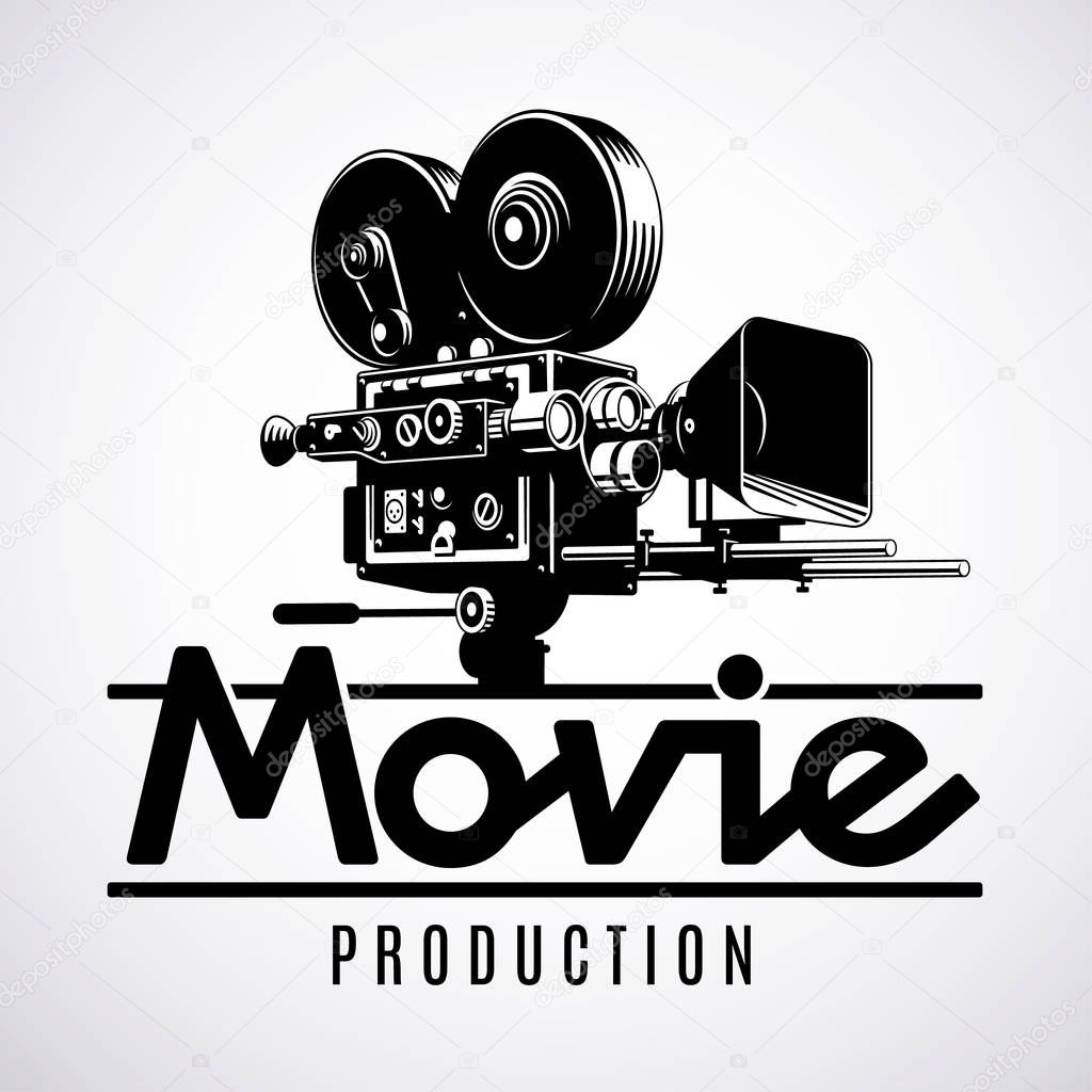 Video production logo design template. Old fashioned movie film camera black and white vector illustration.