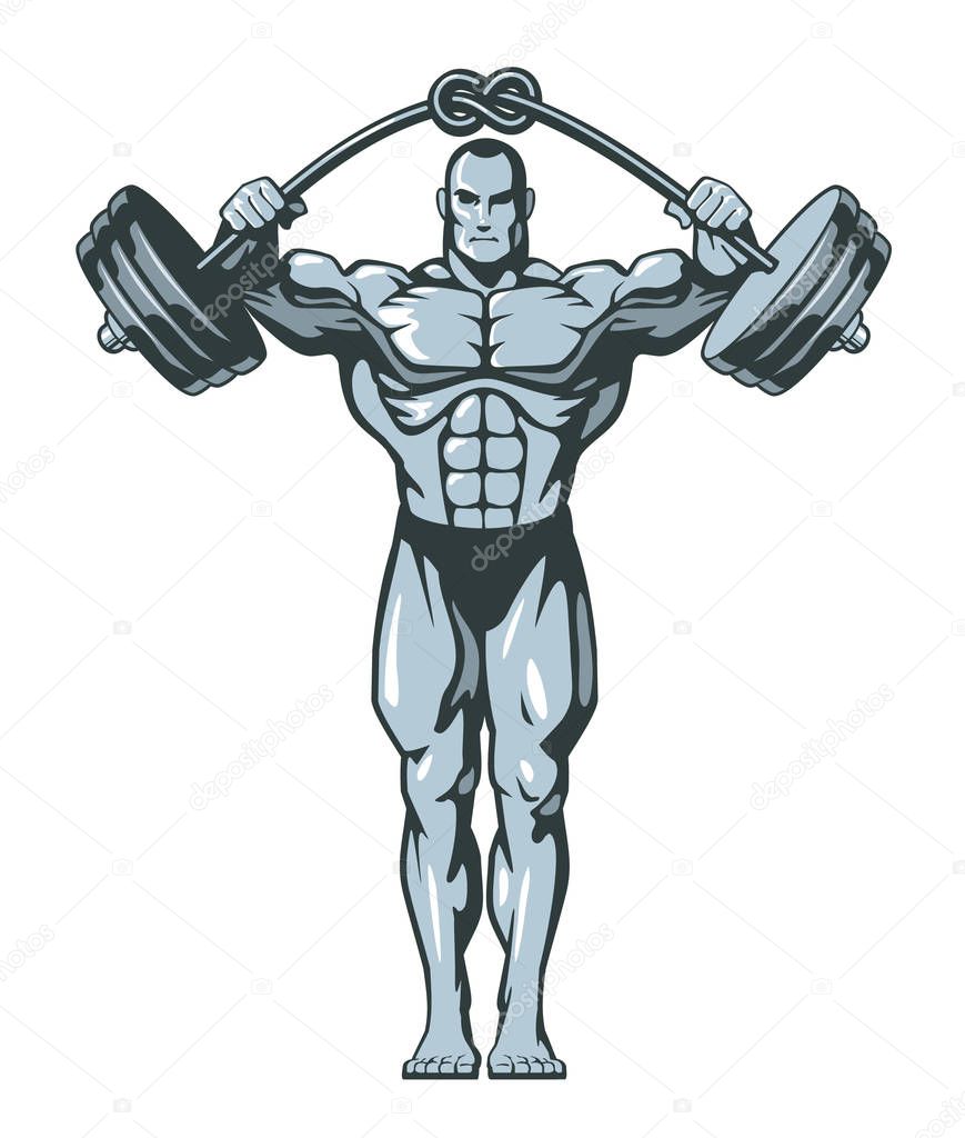 Muscle bodybuilder man lifting heavy barbell with knot.