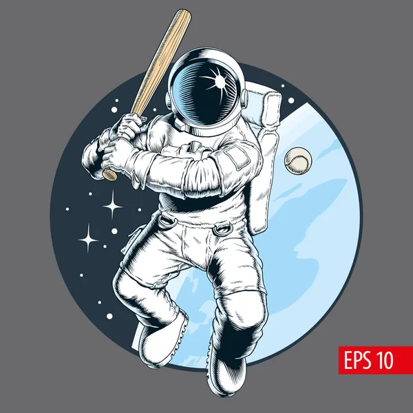 Astronauta Con Pipistrello Che Gioca Baseball Nello Spazio Illustrazione Vettoriale — Vettoriale Stock