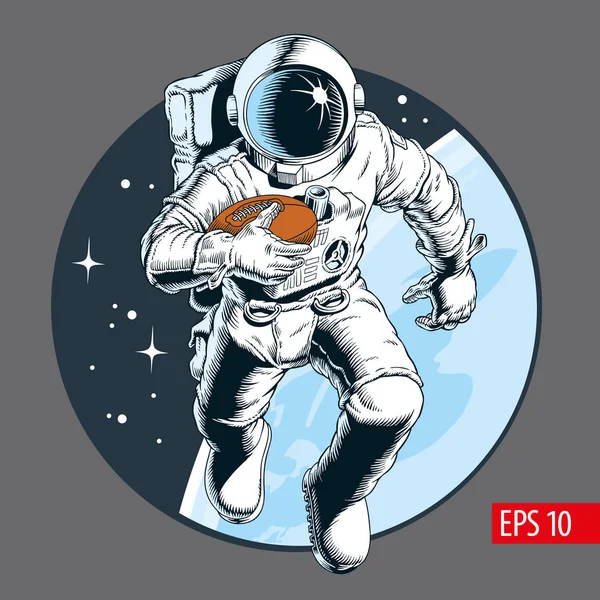 Спортсмен Астронавт Мячом Играет Американский Футбол Космосе Векторная Иллюстрация — стоковый вектор