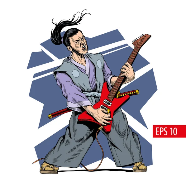 Samurai dalam kimono bermain gitar listrik. Ilustrasi vektor gaya komik . - Stok Vektor