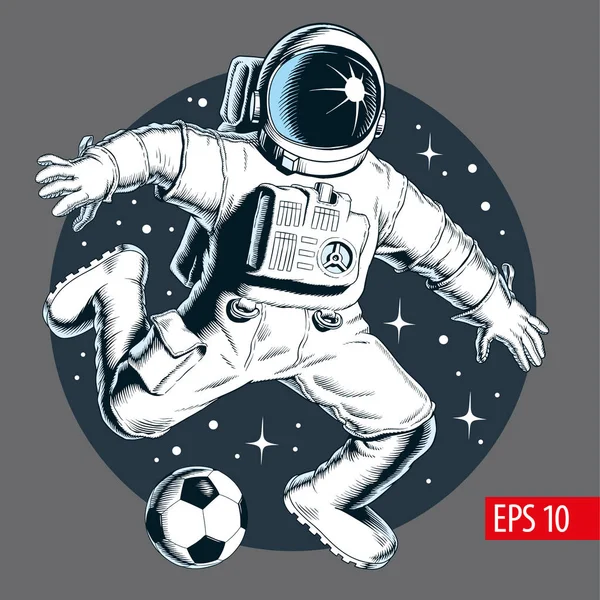 Astronaut spelen voetbal of voetbal in de ruimte. Vectorillustratie. — Stockvector