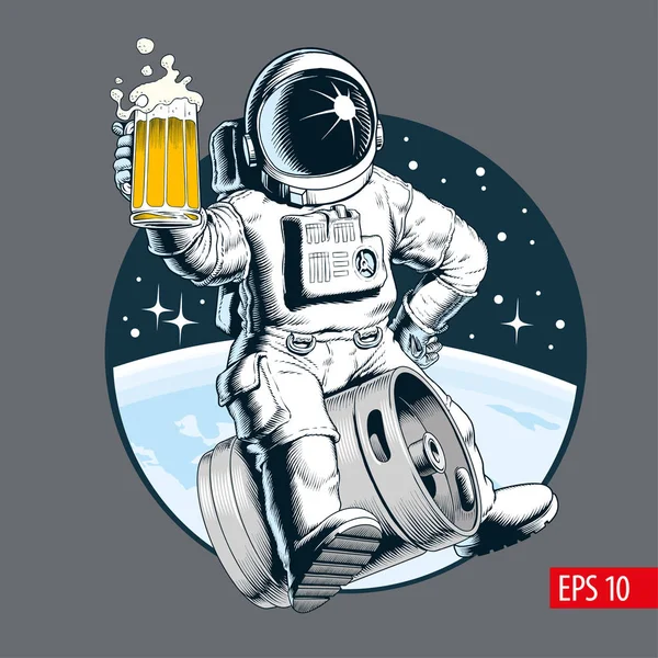 Astronauta se sienta en un barril de cerveza y sostiene una taza de cerveza. Ilustración vectorial . — Archivo Imágenes Vectoriales