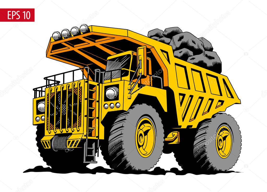 Big heavy yellow mining truck or dumper. Comic style vector illustration.