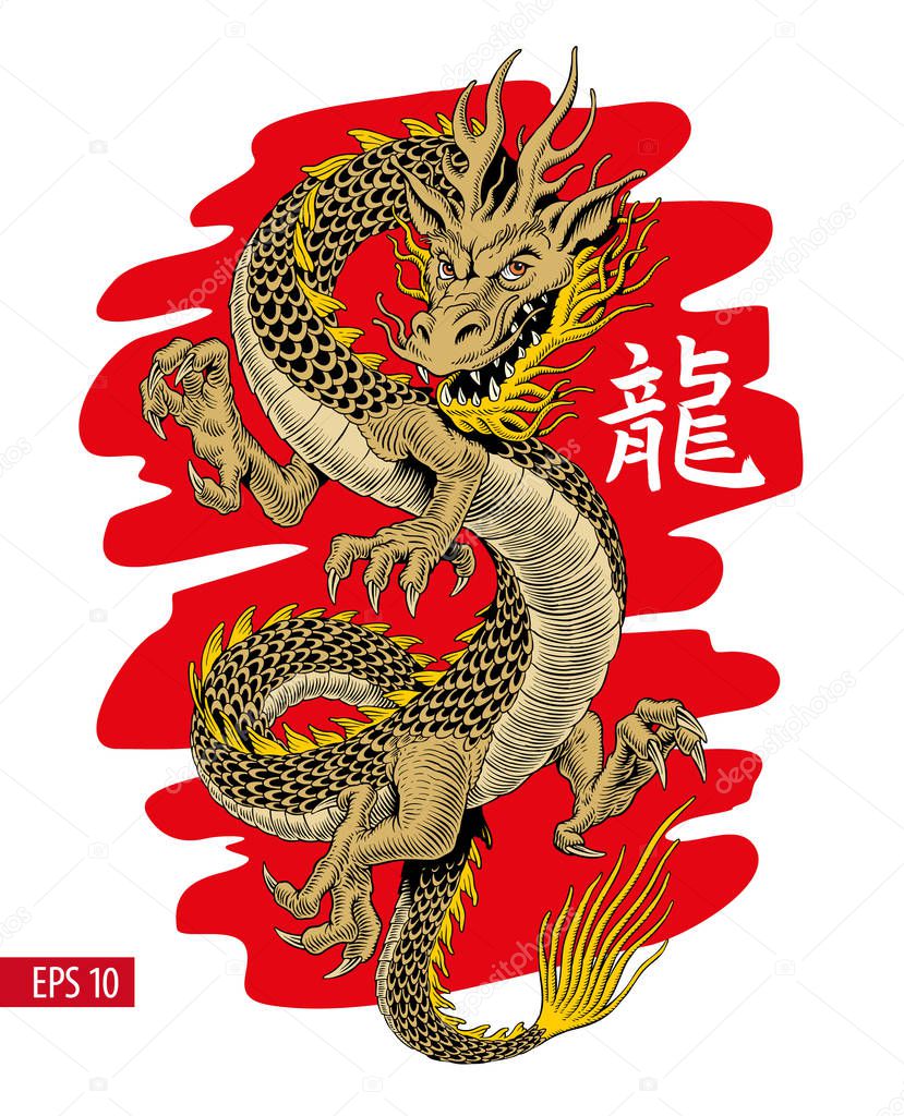 Traditional asian golden dragon on red background. Mascot or print. Vector illustration.