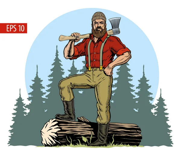 Лесоруб Топором Срубленным Бревном Лесной Фон Комическая Векторная Иллюстрация — стоковый вектор