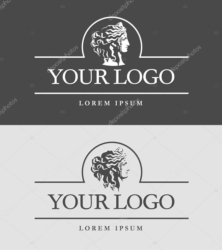 Ancient Greece woman head. Greek or roman goddess face. Logo design template.