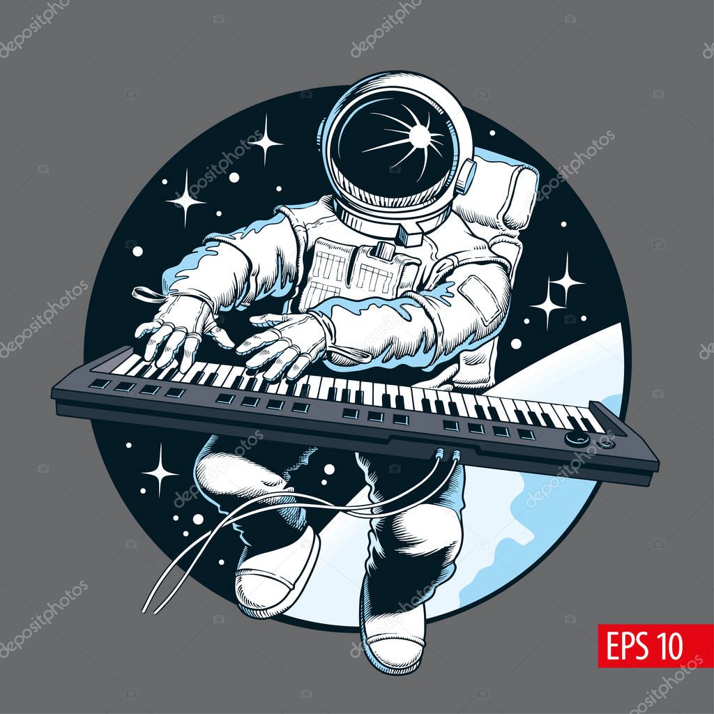 Astronaut playing piano synthesizer in space. Space tourist. Comic style vector illustration.
