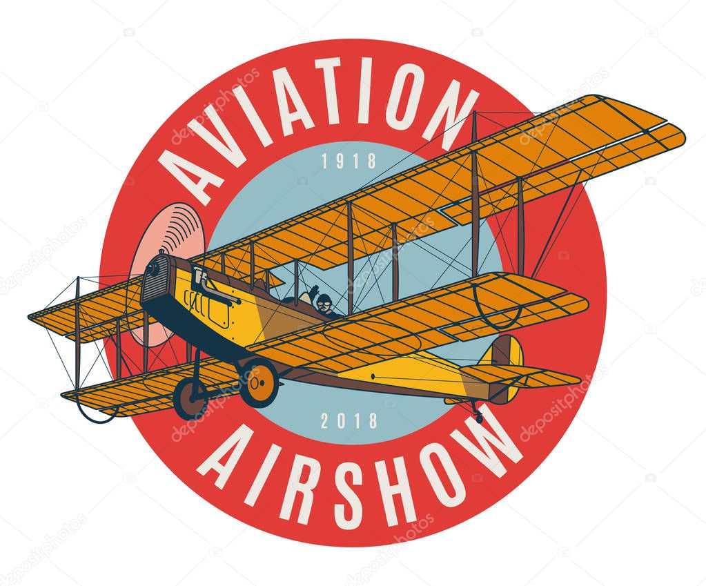 Vintage airplane logo badge. Biplane detailed vector illustration.