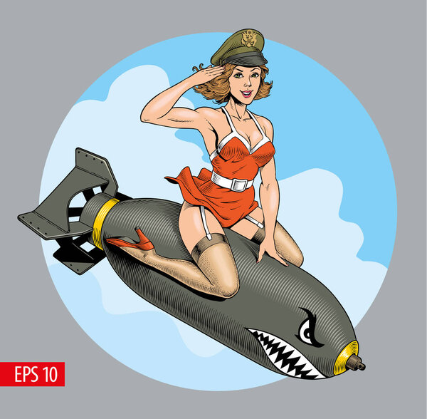 A vintage comic style sexy woman riding a bomb. Bombshell. Vector illustration.