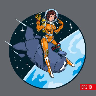 Bir vintage komik tarzı seksi pin-up kızı uzay giysisi ve kask büyük bir atom bombası at binme. Vektör çizim.