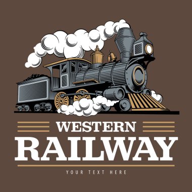 Vintage steam train locomotive, engraving style vector illustration. On brown background. Logo design template. clipart