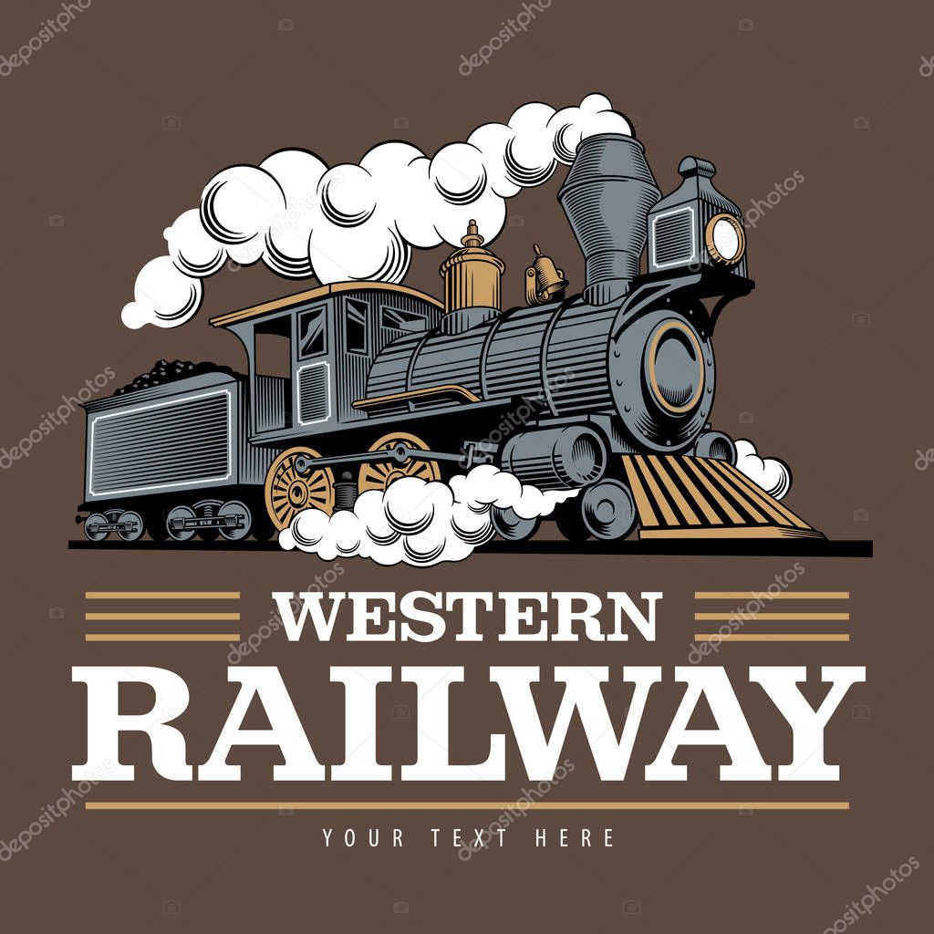 Vintage steam train locomotive, engraving style vector illustration. On brown background. Logo design template.